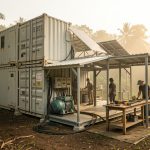 Base de travail modulaire en zone tropicale isolée, avec équipements techniques visibles, panneaux solaires et générateurs, organisée en extérieur sous une lumière tropicale, ambiance professionnelle.
