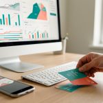 Bureau moderne avec un ordinateur, des graphiques abstraits de marketing, un smartphone et des éléments de stratégie digitale disposés sur le bureau.