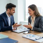 Un homme et une femme professionnels analysent ensemble une stratégie de conversion commerciale dans un bureau moderne.