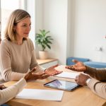 Une conseillère présente calmement une nouvelle offre à un couple dans un bureau lumineux, dans une atmosphère de confiance et de communication transparente.