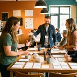 Espace de tiers-lieu chaleureux où une femme accueille deux visiteurs tandis que des membres collaborent autour d’espaces de travail, d’un café et d’activités collectives.