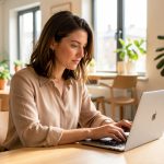 Une professionnelle travaille sur son profil en ligne avec un ordinateur portable dans un espace de coworking lumineux.
