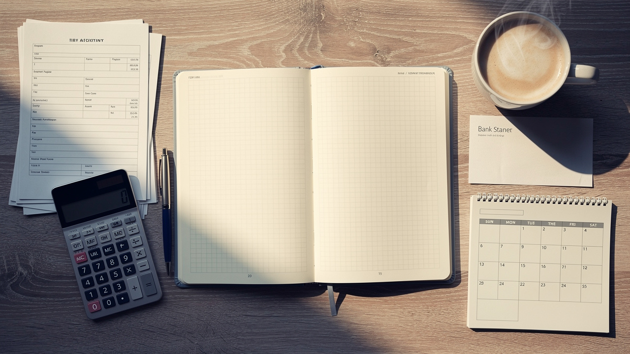 Vue rapprochée d’un bureau d’auto-entrepreneur avec un livre comptable vierge, une calculatrice, des documents financiers vierges, un relevé bancaire non lisible et un calendrier sans inscriptions.