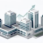 Illustration éditoriale représentant un groupe de cliniques privées françaises avec des bâtiments hospitaliers modernes et des graphiques financiers sobres.