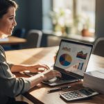 Femme indépendante travaillant dans un espace de coworking, avec un ordinateur affichant des graphiques abstraits et des factures papier soigneusement classées.